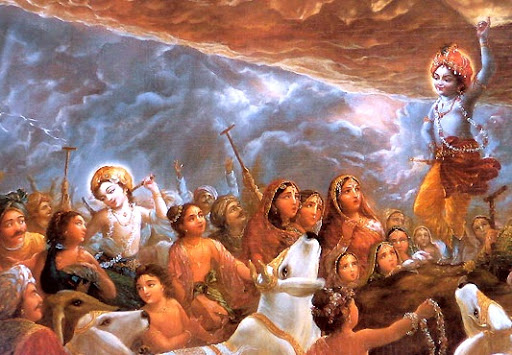 Krsna lifting Govardhana Hill