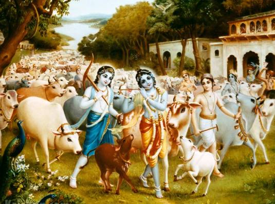 Krishna and Balarama tend the cows and bulls