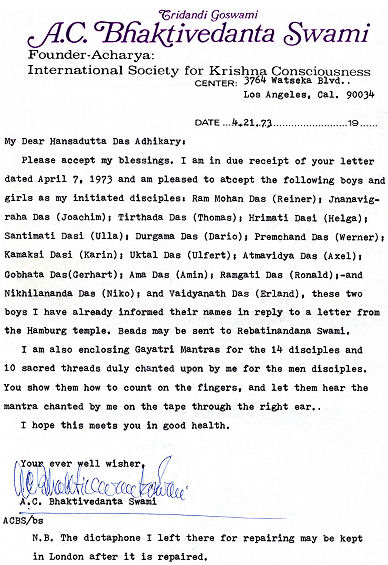 Letter to Hansadutta