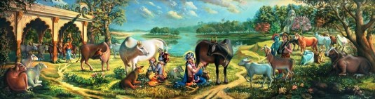 Krishna and Balaram with cows in Vrndavan